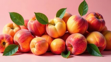 A delightful collection of ripe peaches, showcasing their vibrant hues and velvety skin, nestled together with lush green leaves on a soft pink background.