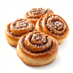 A bunch of swedish cinnamon buns freshly baked and ready to serve with a glaze on a white background