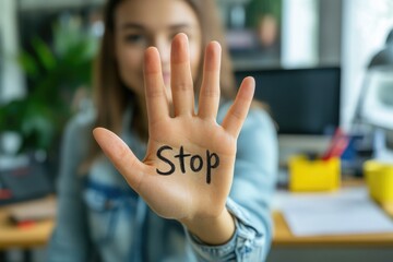 Protective stance: a woman in office with her arm outstretched holding says stop, symbolizing resistance, boundaries, and awareness, addressing the concept of harassment at work with determination.