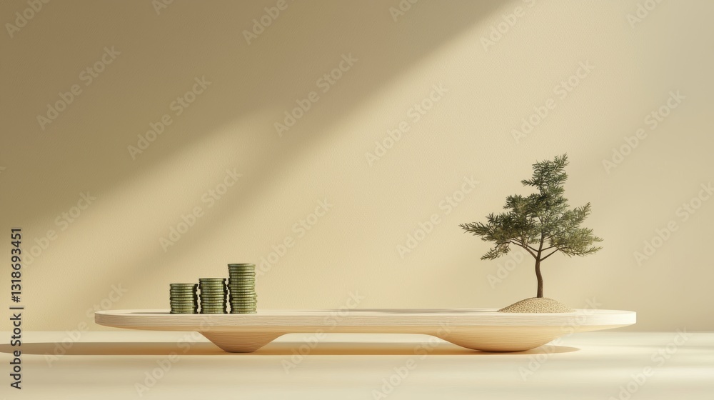 Poster minimalist 3d rendering of simple balance and scale with green coins and tree in soft light