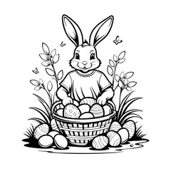 Cute Easter Bunny in a Basket with Decorated Eggs – Black and White Vector Graphics