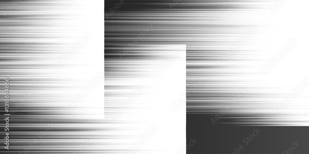 Poster black and white bright linear striped motion blur patterned overlaying rectangular gradient shapes a