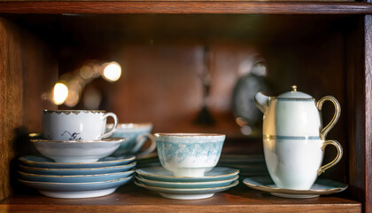 A set of vintage family china displayed in a wooden cabinet.