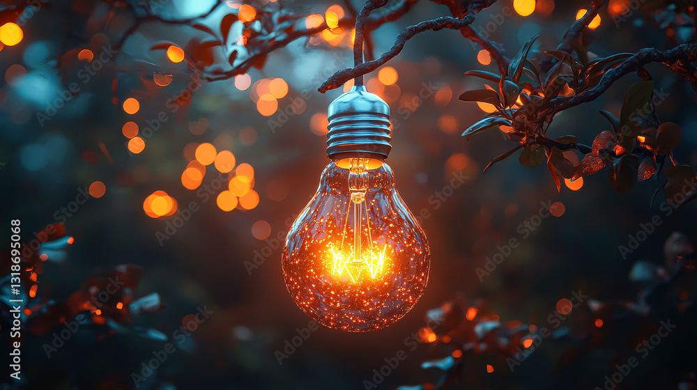 Aufkleber light bulb hanging from a tree branch. the light bulb is lit up and glowing. the image has a warm an