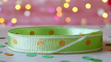 Bright Green Ribbon with Gold Polka Dots Against a Colorful Festive Background