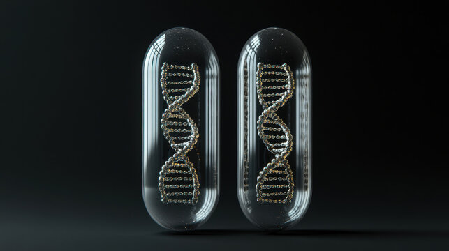 Medical capsule with medical concept, 3d rendering. 3D illustration. a hyper realistic of a clear capsule with DNA helix inside.