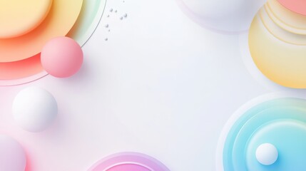 Pastel-colored spheres and circles on white background.
