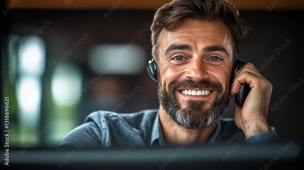Poster man with a beard is smiling and talking on a cell phone. he is wearing headphones and is sitting in 
