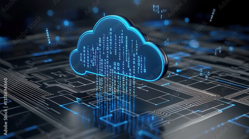 Poster futuristic 3d rendered composition depicting the concept of cloud computing digital technology and t