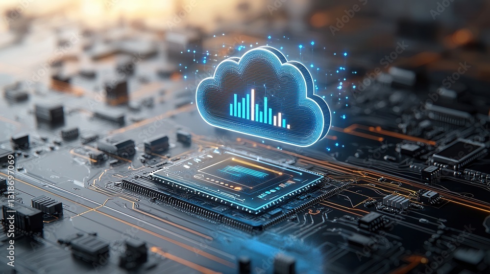Poster futuristic 3d rendered of a holographic cloud data storage and digital technology system the image s