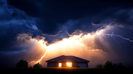 House is lit up by the light of a lightning storm. The house is surrounded by trees and the sky is dark and stormy
