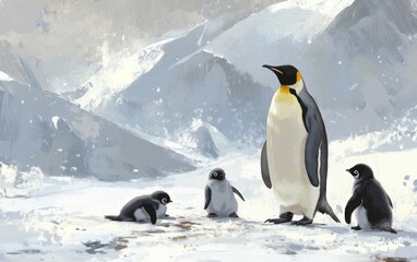 Fototapeta premium Emperor penguins with chicks on snowy Arctic ice—one standing guard while others rest in serene family scene.