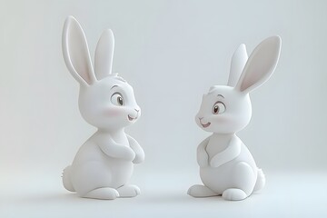 Fototapeta premium Two Cute Cartoon Bunnies Smiling and Engaging with Each Other on Soft White Background