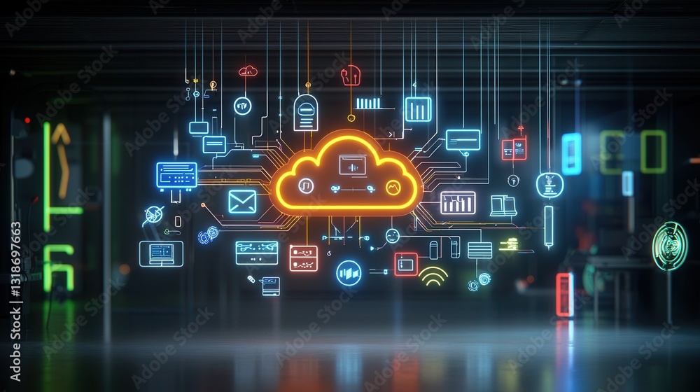 Poster a high tech digital neon showcasing a futuristic cloud computing and networking concept featuring a 