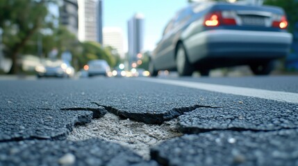 Close-up of cracked asphalt road, blurred cars and city buildings in background.