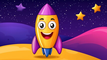 Happy Cartoon Rocket With Smiling Face in Space Over Colorful Planet Background with Stars