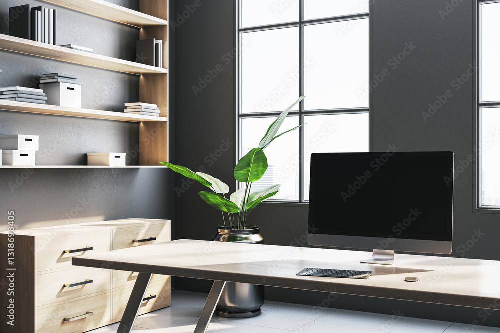 Aufkleber Modern office workspace with computer and plant on desk. 3D Rendering