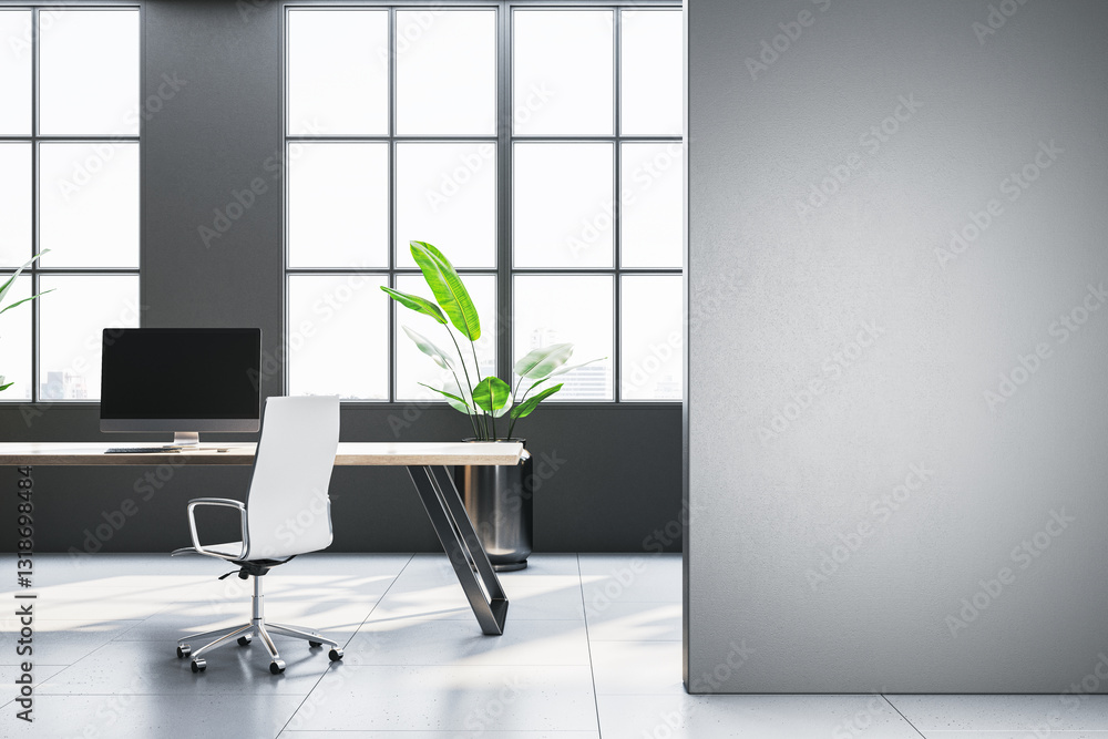 Poster Modern office desk with computer and plant near window. 3D Rendering
