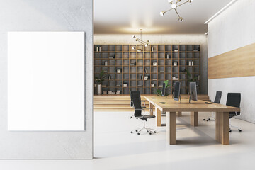 Modern office interior with bookshelves and meeting table. 3D Rendering