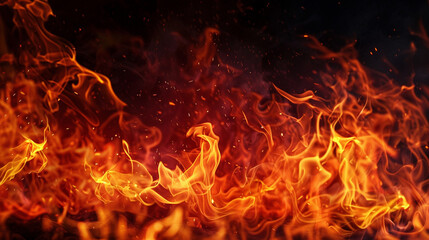 Burning Fire Flames on Dark Black Background, Intense Heat and Glow