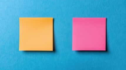Bright yellow and pink sticky notes arranged on a textured blue background creating a vibrant minimalist composition
