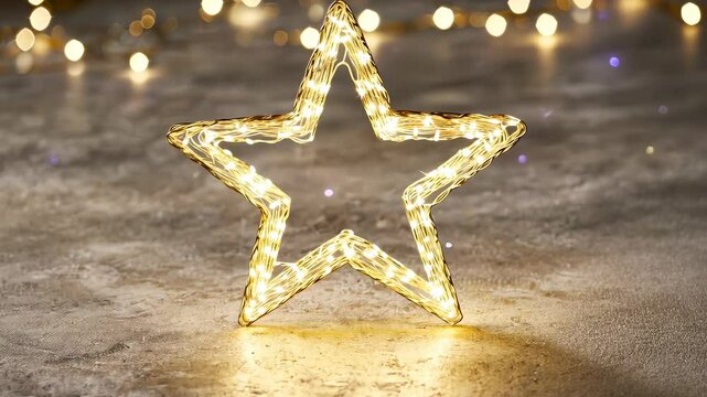 Glowing led star ornament nestling on surface, softly highlighted by warm fairy lights, creating festive holiday ambiance Copy space for text video 4k