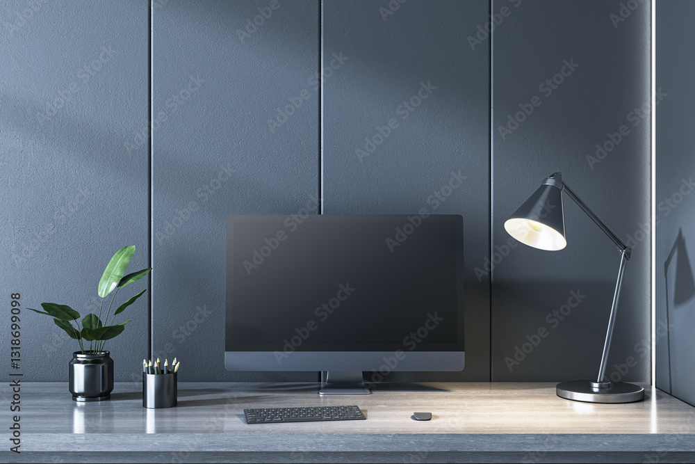 Fototapete Modern office workspace with computer screen and desk lamp. 3D Rendering