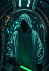 Hooded warrior with glowing green energy sword in dark futuristic spaceship corridor, cinematic sci-fi atmosphere.