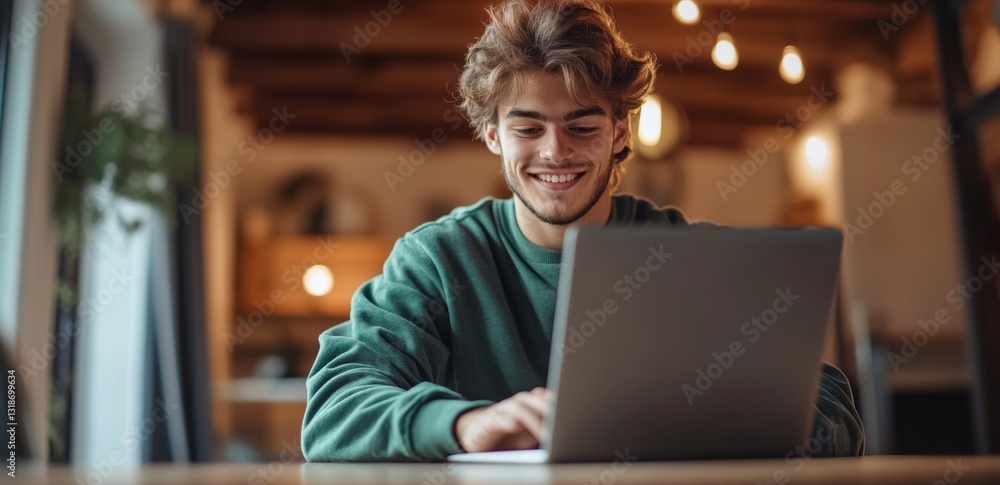 Poster young man is sitting at a table with a laptop in front of him, smiling as he works. concept of produ
