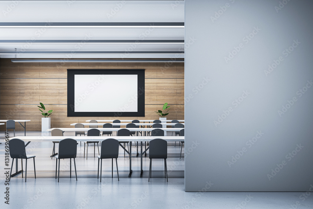 Poster modern conference room with empty seats and blank screen. 3d rendering