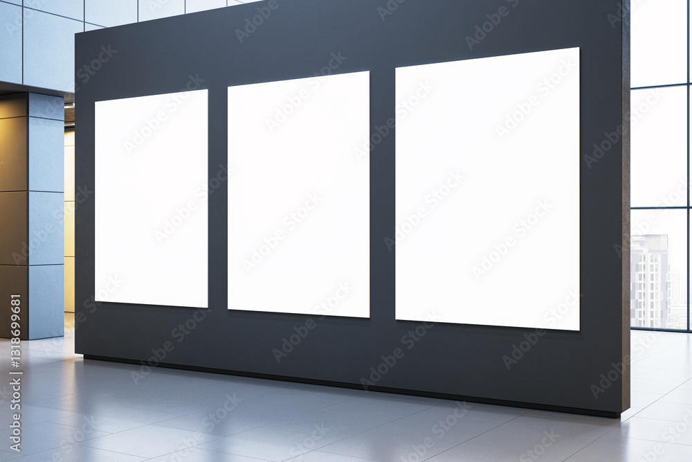 Poster modern exhibition space with three blank vertical posters on a dark panel in a sleek interior. 3d re