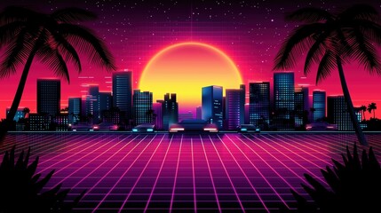 Retro Futuristic Cityscape with Sunset