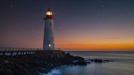 Naklejka premium Lighthouse at dawn with a stunning colorful sky and calm ocean waves