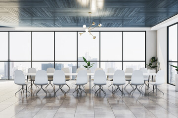 Modern conference room with white chairs and large windows. 3D Rendering