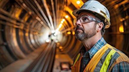 Construction worker inspects tunnel infrastructure during evening project in urban environment