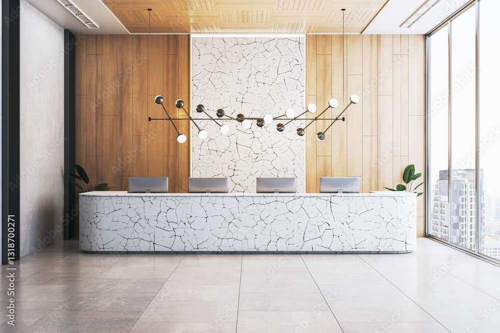 Poster modern hotel reception desk with cracked stone design in bright lobby. 3d rendering