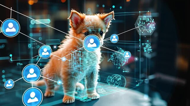 Chihuahua Puppy Integrated with Futuristic Technology and Social Connection Visualization