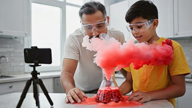 father and son film a blog about chemical experiments