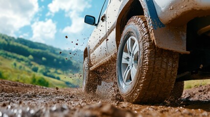 Close-up of muddy tire splashing through mud, Off-road vehicle driving on muddy trail.