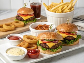  Full feast shot with burgers, fries, onion rings, and dipping sauces