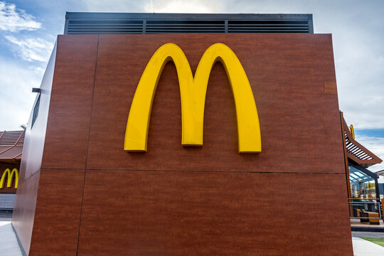 Dos Hermanas, Seville, Spain; 02-15-2025: Mcdonald's logo sign on burger restaurant facade.	
