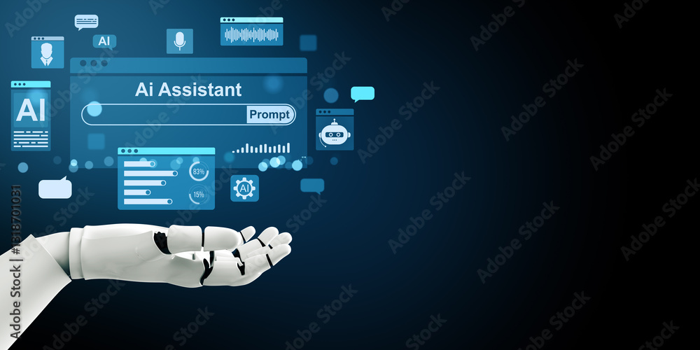 Aufkleber Robotic hand presenting AI Assistant interface with icons. 3D Rendering
