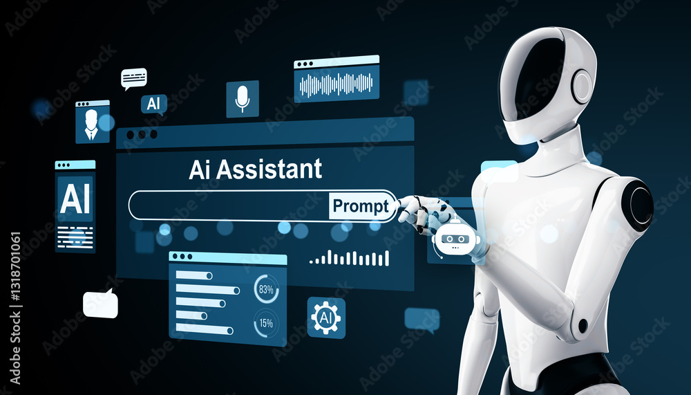 Poster Robot interacting with AI Assistant interface on dark background. 3D Rendering