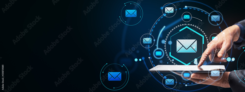 Poster digital email interface on tablet with neon icons.