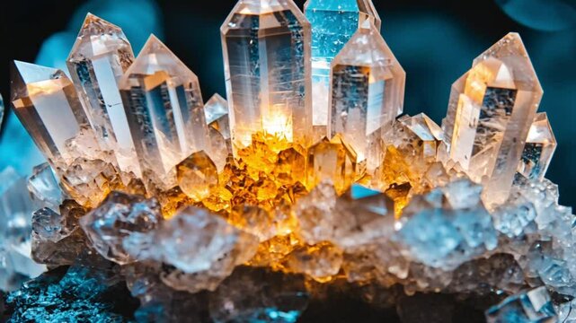 Cluster of glowing quartz crystals with a golden hue, symbolizing energy, geology, and natural minerals.