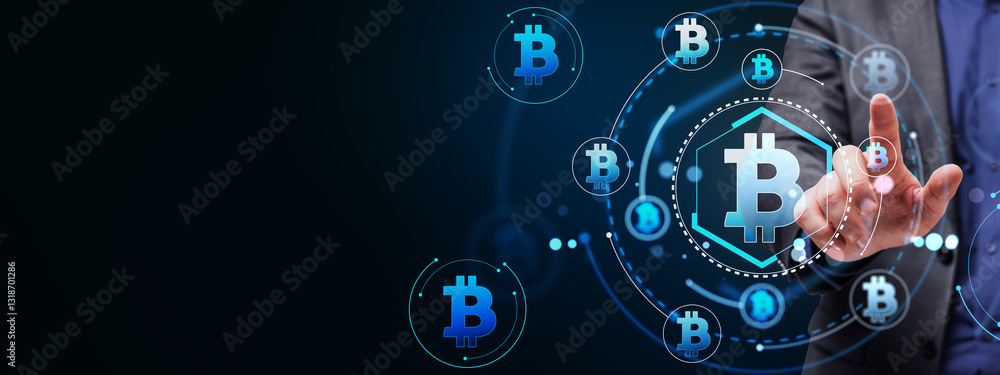 Poster Bitcoin symbols and network design on dark background.