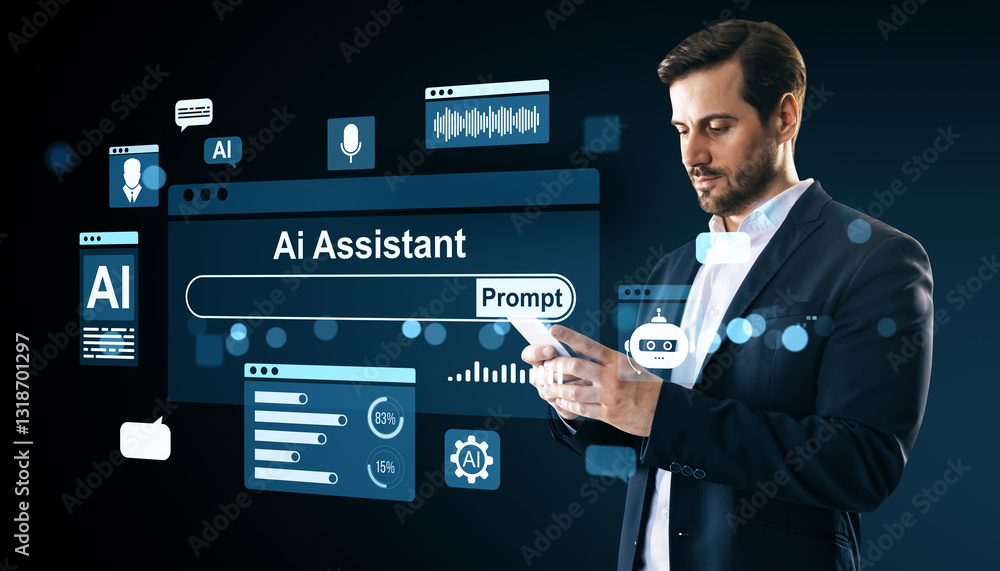 Poster businessman using ai assistant interface on smartphone.