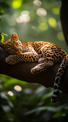 Obraz premium A leopard resting on a thick tree branch, against the backdrop of a dense green tropical forest