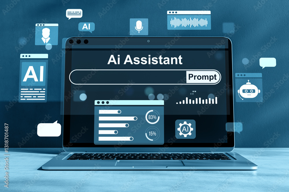Poster AI Assistant interface on laptop screen with icons and prompt. 3D Rendering