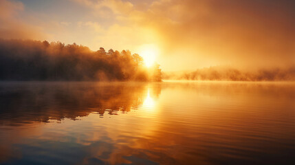 Obraz premium Tranquil Foggy Lake at Sunrise, Golden Reflections on Still Water